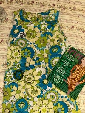 Retro 90s 60s Style Mod Floral Flower Power Shift Dress Green Blue Vintage XL L
